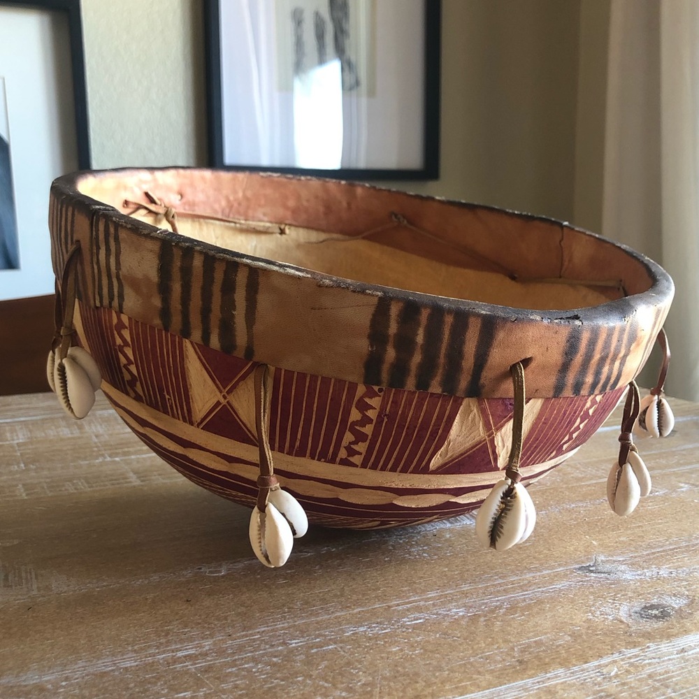 Vintage African Carved Gourd Leather Trimmed Bowl